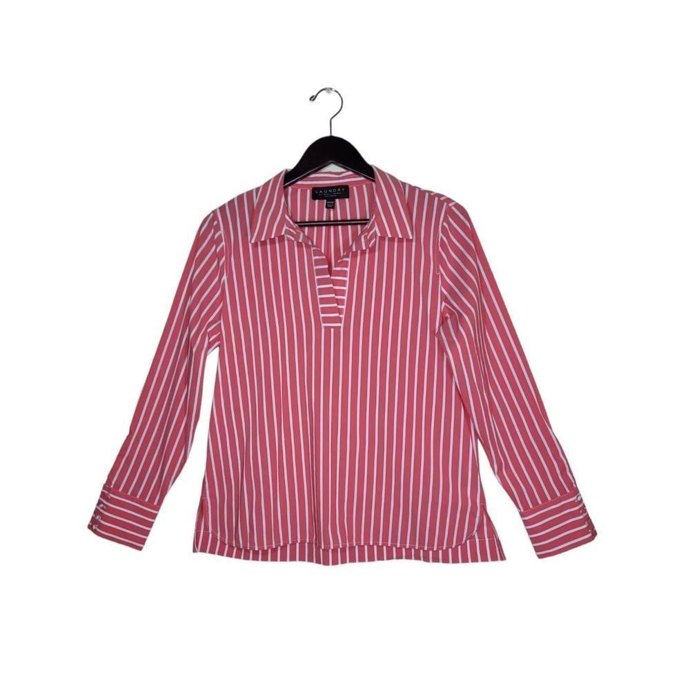 Laundry by Shelli Segal Women's Long Sleeves Coral Striped Poplin Shirt  Size S